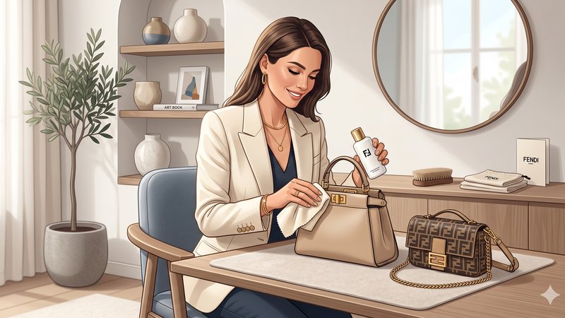 Стильная иллюстрация маленьких сумок Fendi в современном минималистичном стиле для руководства по уходу